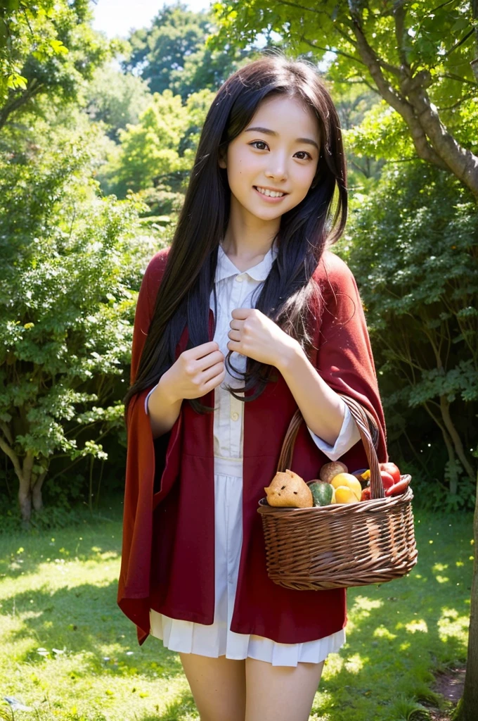 A high-resolution, realistic image of a cute 15-year-old Japanese girl with dark hair, wearing a red hooded cape. She is standing in a picturesque forest scene with lush green trees and sunlight filtering through the leaves. The girl is holding a basket filled with delicious treats, and she has a cheerful and adventurous expression on her face. The setting is serene with birds singing in the background, capturing the essence of a classic fairytale beginning.