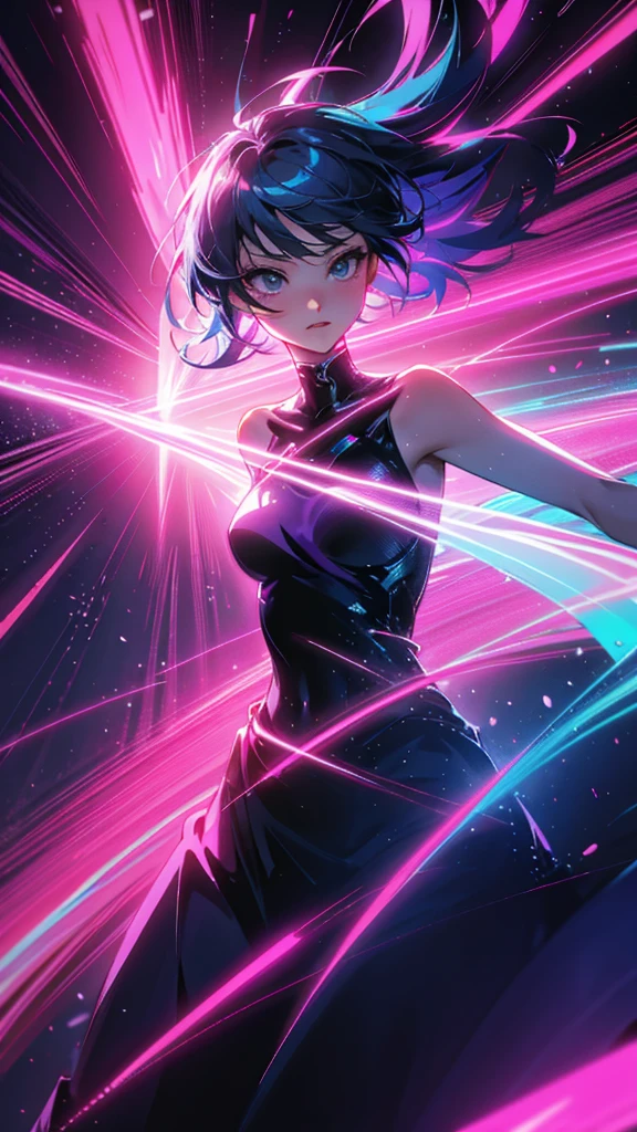 (highest quality、4k、8K、High resolution、masterpiece:1.2)、Super detailed、(anime style、realistic:1.37)、girl wearing neon clothes、neon light、bright colors、Shining atmosphere、futuristic fashion、shiny fabric、neon sign、lively streetscape、confident pose、vibrant energy、nightlife feeling、 dynamic movement、creative patterns、Intense saturation、edgy style、kaleidoscope reflection、Fashion Forward、fluorescent light