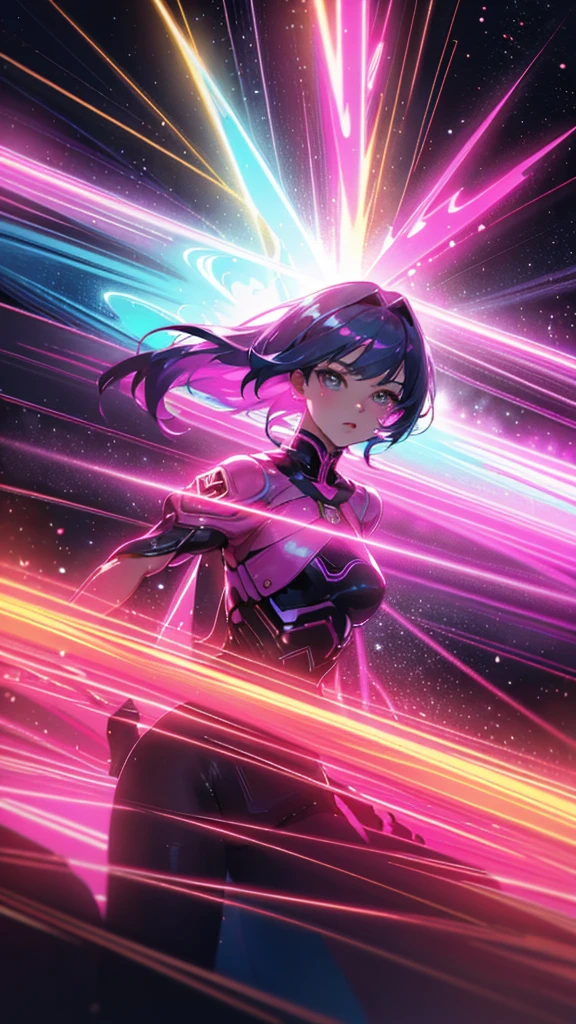 (highest quality、4k、8K、High resolution、masterpiece:1.2)、Super detailed、(anime style、realistic:1.37)、girl wearing neon clothes、neon light、bright colors、Shining atmosphere、futuristic fashion、shiny fabric、neon sign、lively streetscape、confident pose、vibrant energy、nightlife feeling、 dynamic movement、creative patterns、Intense saturation、edgy style、kaleidoscope reflection、Fashion Forward、fluorescent light