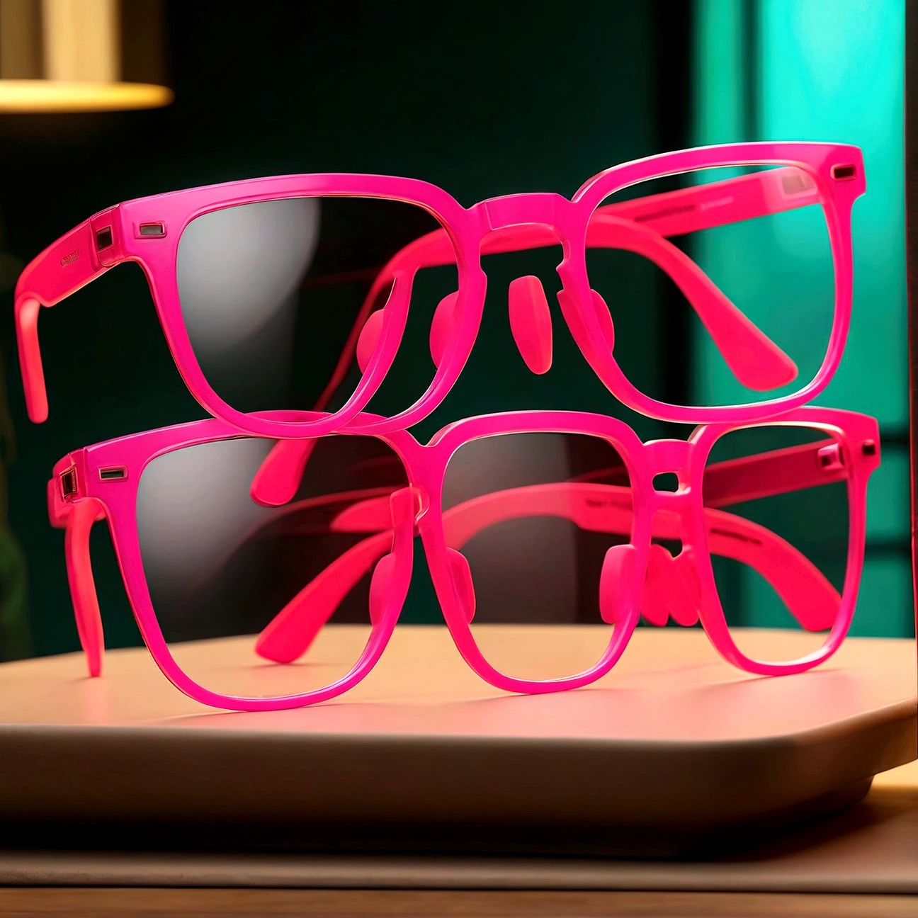 Two neon pink rectangular glasses on a table 