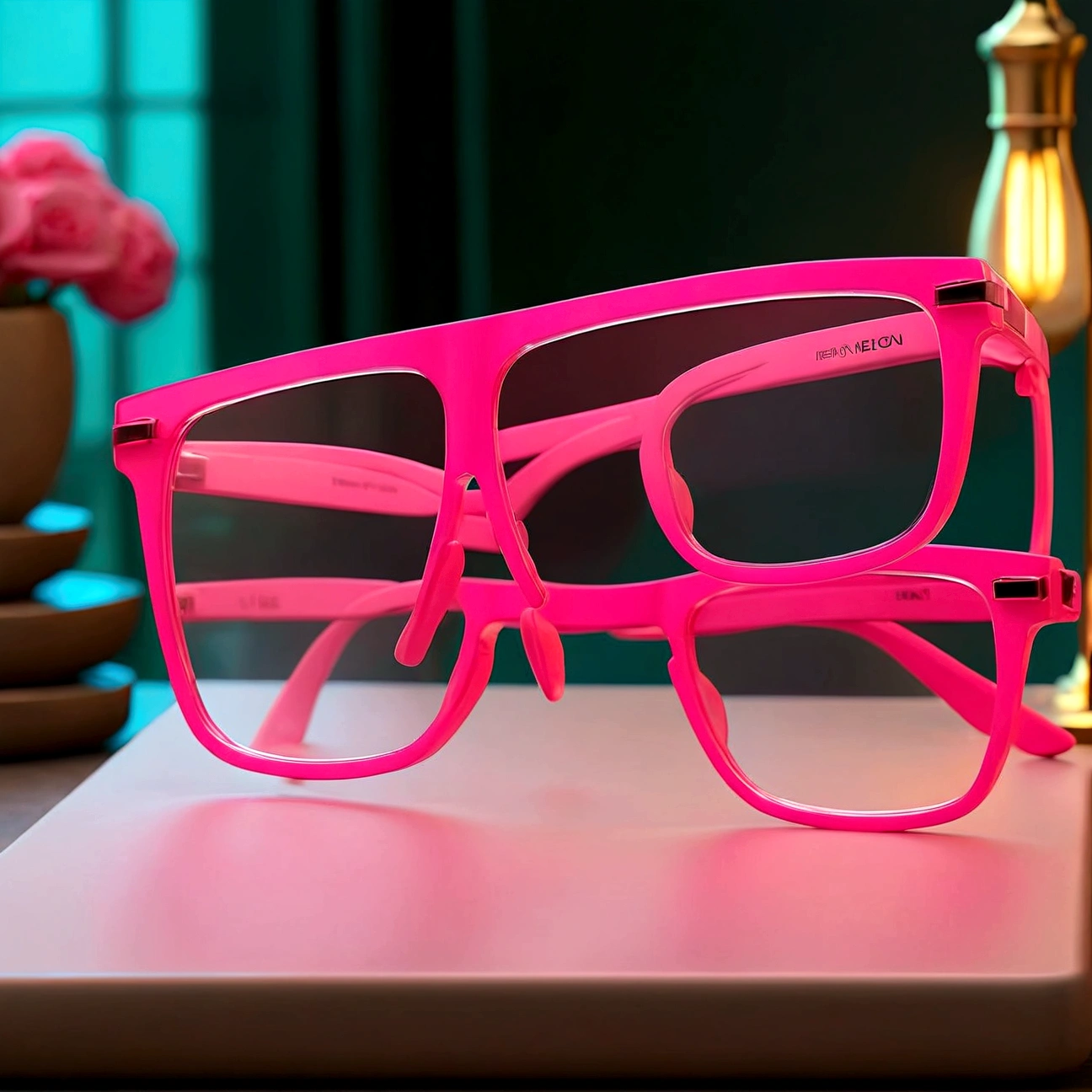Two neon pink rectangular glasses on a table