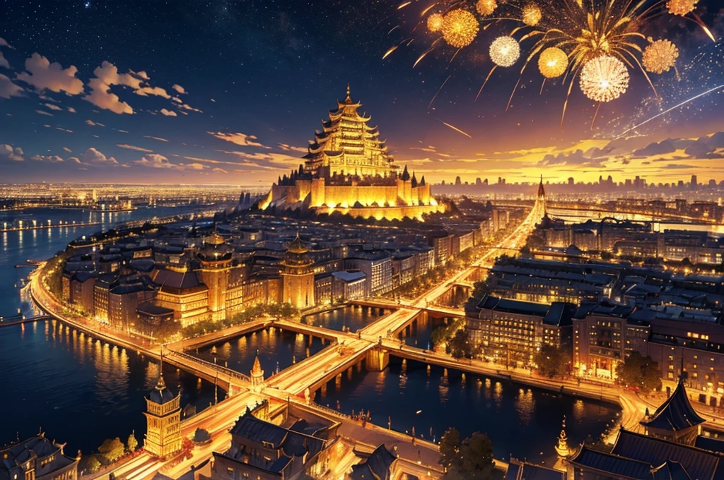 golden city, night, downtown, chinese big castle, HDR, 4k resolution, landscape, golden moon, golden cloud, firework, big river