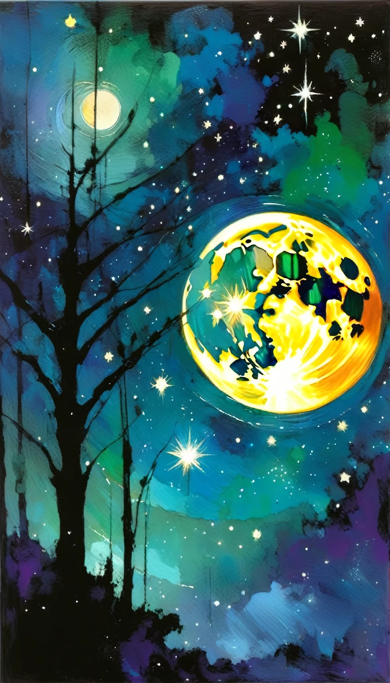 magic, fantastic, night sky, moon, stars, background, (simple oil painting in a style to Bill Sienkiewicz)
