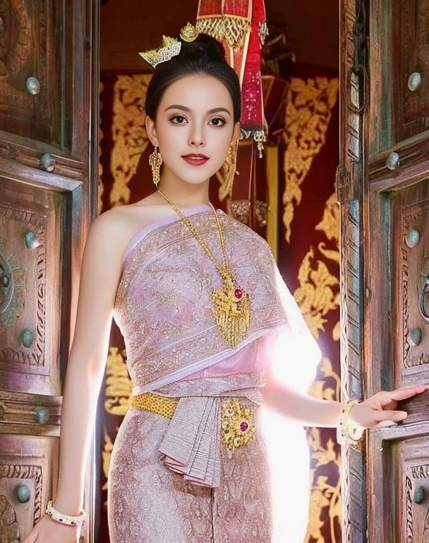Aarav woman in a golden dress stands in front of a building., Sukhothai dress, Dilraba Dilmurat, traditional beauty, Wear elegant clothes, traditional this tradition, Wear luxurious clothes, this tradition, Traditional clothing, Thai girl anime, traditional outfit, According to Thawan Duchanee&#39;s style, Wear a luxurious silk dress, Thai art, Traditional clothing สาวเอเชียที่สวยงาม,stereoscopic 8k,45 high quality colored lights,000,000,000 pixels, photo, post-trade photo, animation, Beautiful, realistic portraits.