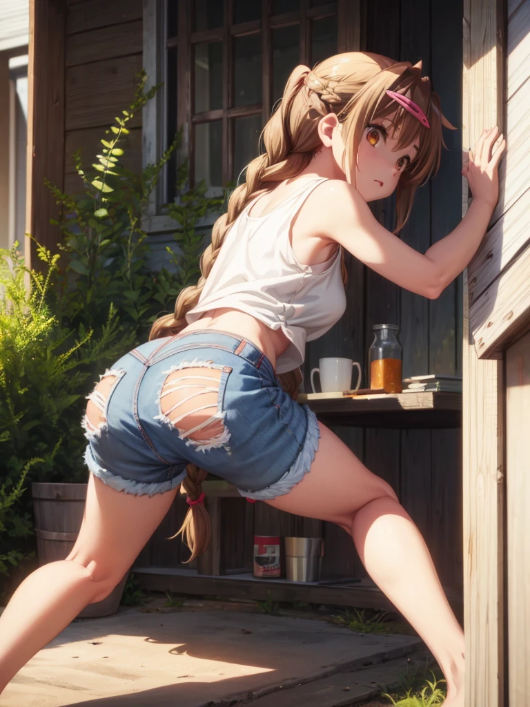 1girl in,  medium breasts, Long hair, braid,Denim, Denim Pleated Mini Skirt , white tank top, skirt blowing  tight t shirt ,bending over showing ass, slim body