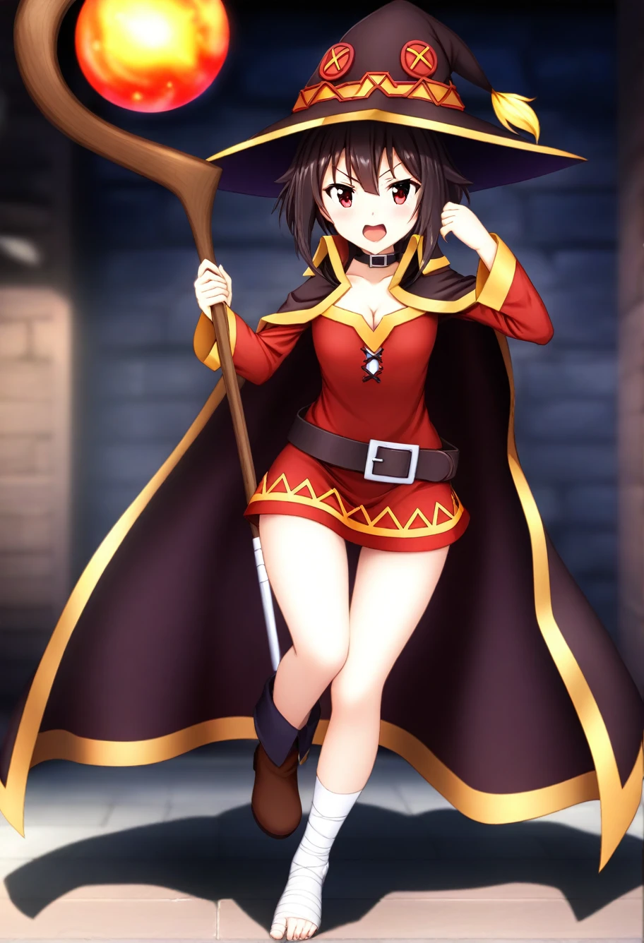 One girl,Megumin_(KonoSuba),、Cleavage、Bandaged_foot,casting_spell,dress,full_body,hin,Holding_staff,Looking_in_Audience,magic,Open_mouth,red_Cape,detailed,skin,texture,detailed skin texture,Volumetric,Shadow,red_dress,red_eye,short_dress,short_hair,一人in,staff,Thighs,witch_hin,absolute_ryouiki,