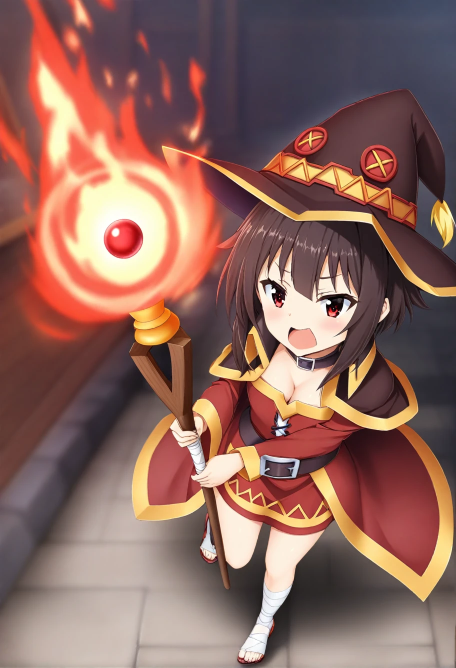 One girl,Megumin_(KonoSuba),、Cleavage、Bandaged_foot,casting_spell,dress,full_body,hin,Holding_staff,Looking_in_Audience,magic,Open_mouth,red_Cape,detailed,skin,texture,detailed skin texture,Volumetric,Shadow,red_dress,red_eye,short_dress,short_hair,一人in,staff,Thighs,witch_hin,absolute_ryouiki,