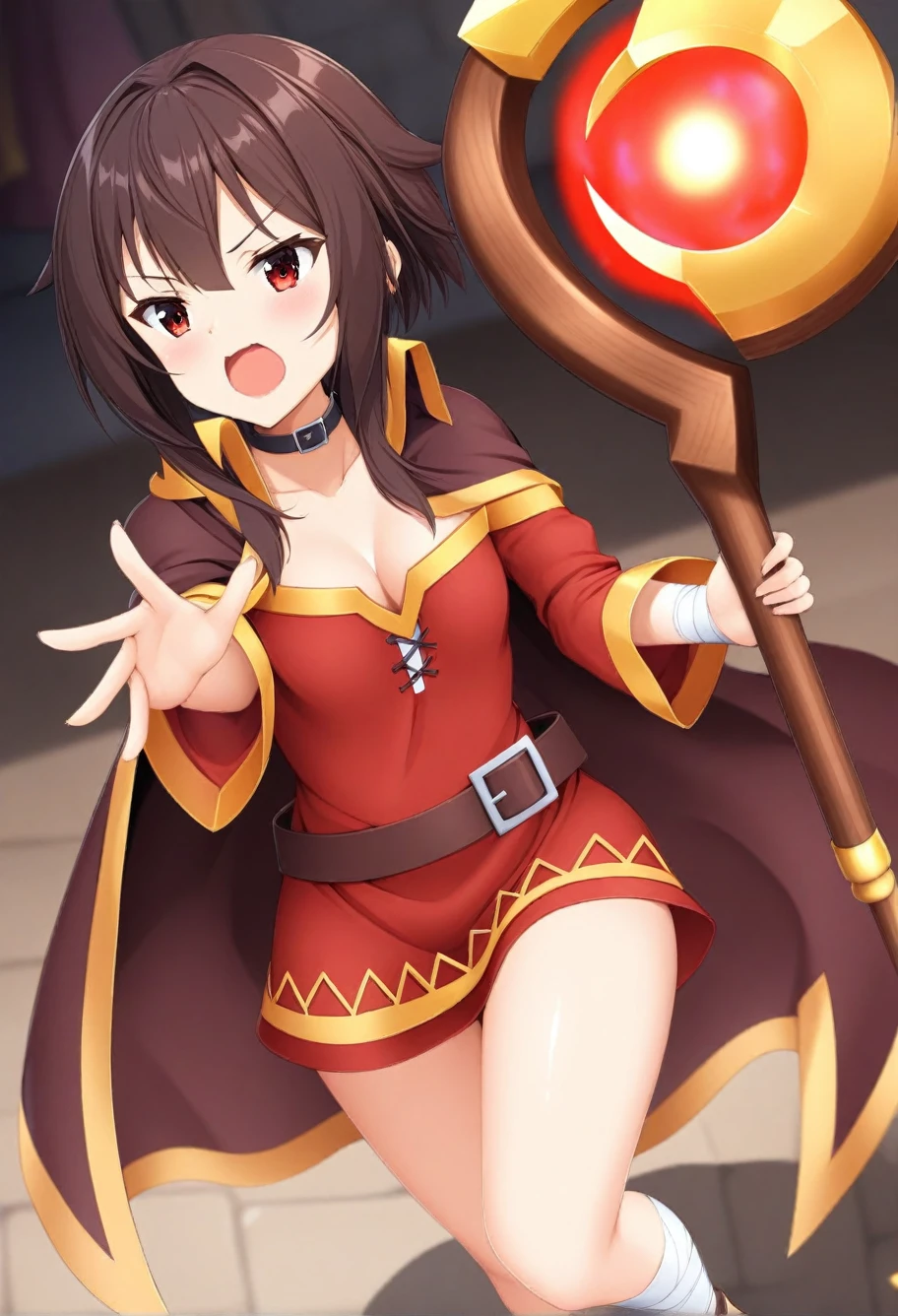 One girl,Megumin_(KonoSuba),、Cleavage、Bandaged_foot,casting_spell,dress,full_body,hin,Holding_staff,Looking_in_Audience,magic,Open_mouth,red_Cape,detailed,skin,texture,detailed skin texture,Volumetric,Shadow,red_dress,red_eye,short_dress,short_hair,一人in,staff,Thighs,witch_hin,absolute_ryouiki,