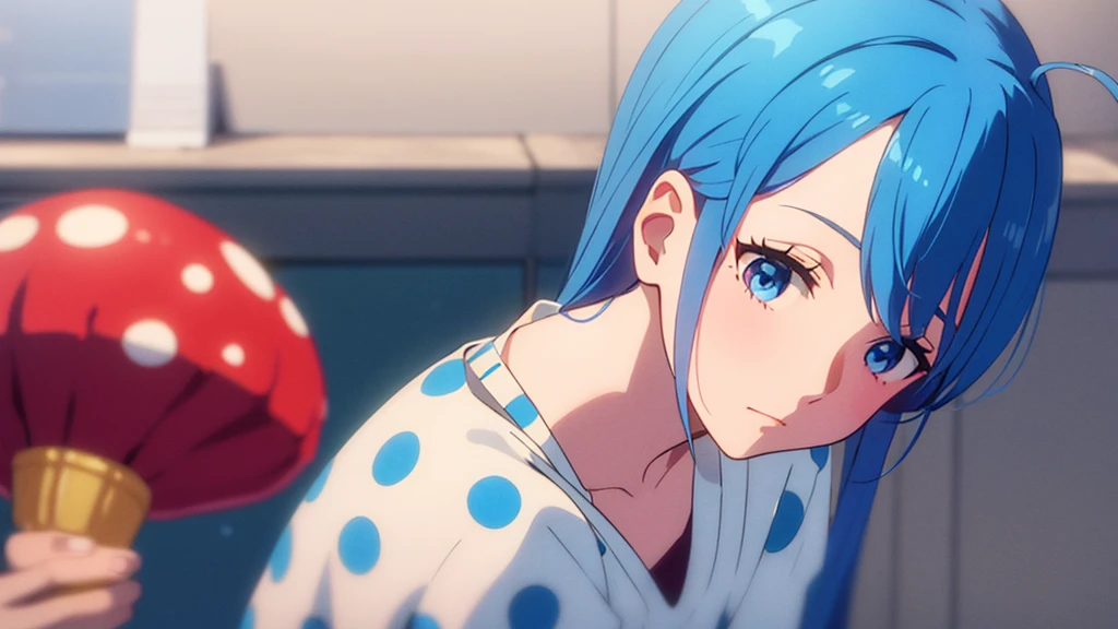 young blue haired girl with red mushroom headphones with white spots , com olhar triste