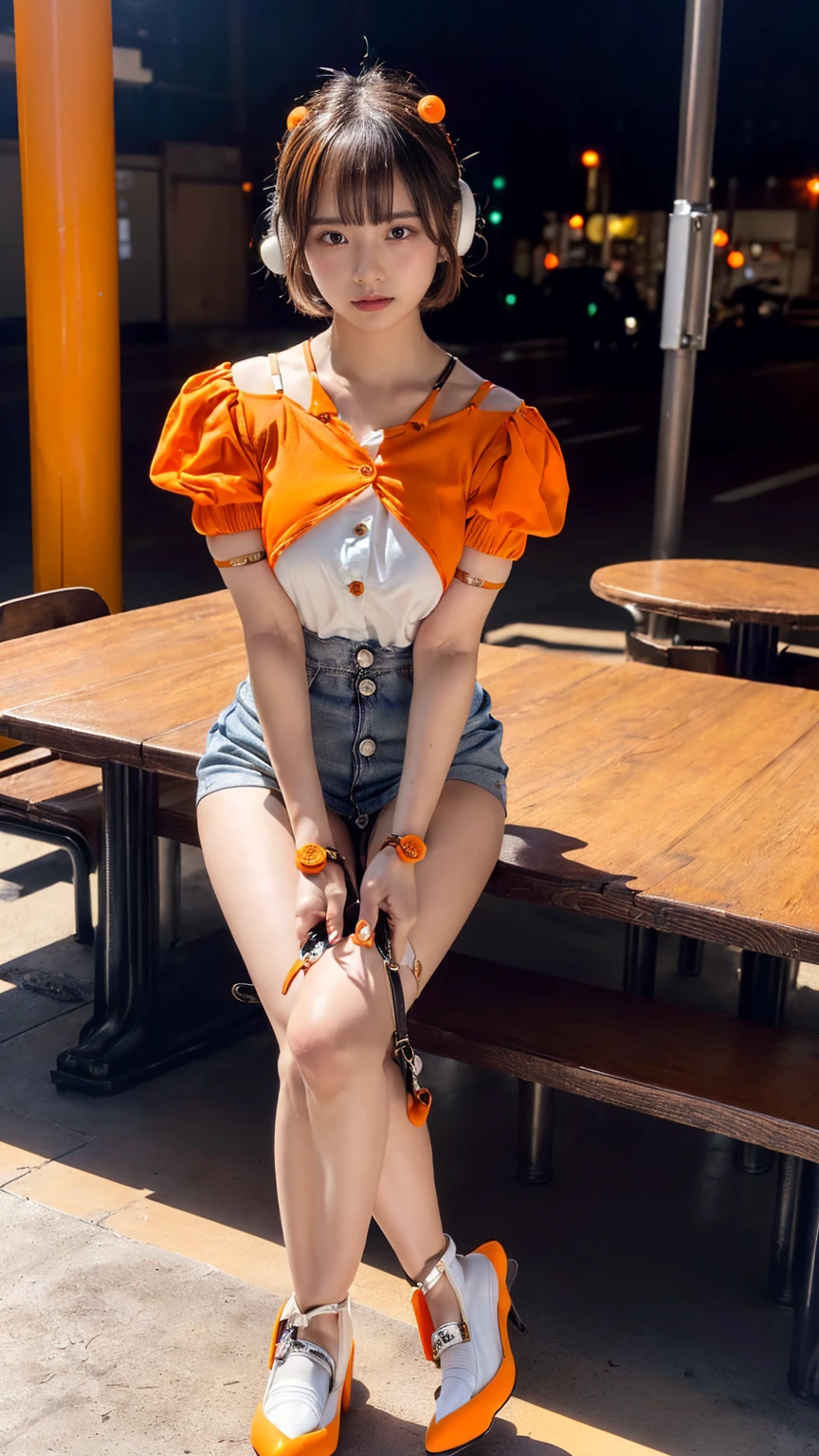 (8K, RAW Photos, Highest quality, masterpiece:1.2), (professional photography, full colors, studio-caliber color grading), (Gravure quality for high-end fashion magazines),  BREAK,18 year old girl, short bob hair, crying a little, Harajuku style, Big Natural Color Lip, (Plumpy body:1.2), (smooth skin:1.1), (huge breasts:1.0  BREAK ((orange, tangerine) and white theme:1.4 (family restaurant waitress uniform:1.2 (wearing an (orange high waist jumper skirt, orange layered waist apron with orange shoulder straps) over a (white blouse with white buttons):1.4 (emphasize under boobs:1.5 (fusion of bouffant sleeve and short sleeve:1.3 (button up:1.2 (wearing a orange shoulder straps over a white blouse:1.2 ((bare arms, bare legs):1.2 (pumps:1.1
