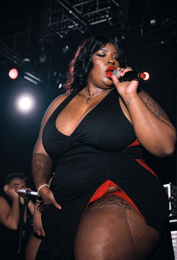 Busty 250 pound obese ((black female rapper on stage with a man Deejay:1.3)). She has (( unreal, oversize, large saggy tits showing massive gross cleavage:1.2)) and holding a (microphone on a stand:1.1). ((she is wearing makeup, dark red lipstick, a cross pendant, and a slutty and revealing red dress)), ((her mouth is closed:1.1))