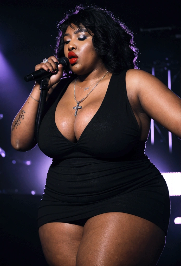 Busty 250 pound obese  ((black female rapper on stage with a man Deejay:1.3)).  She has (( unreal, oversize, large saggy tits showing massive gross cleavage:1.2)) and holding a (microphone on a stand:1.1). ((she is wearing makeup, dark red lipstick, a cross pendant, and a slutty and revealing red dress)), ((her mouth is closed:1.1))