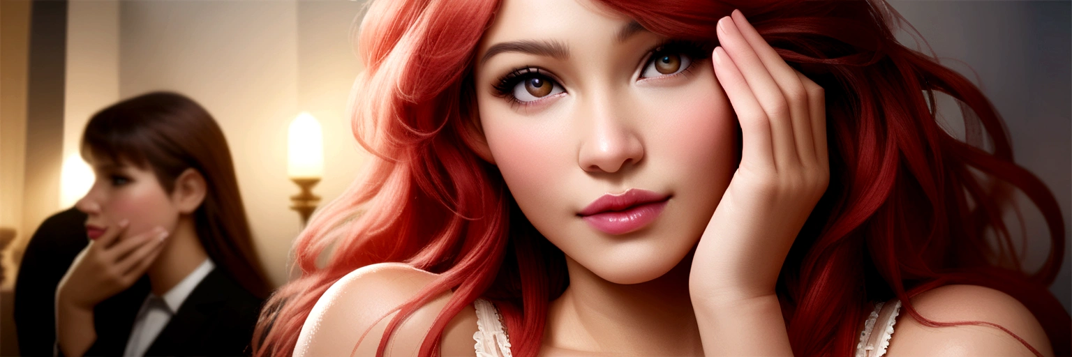 Lingerie dress , teasing face , red hair , big breast , American girl , realistic, photography
