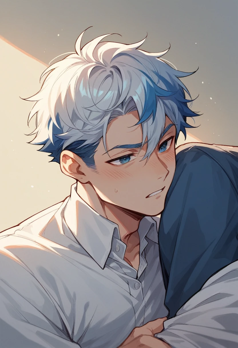blue hair and white hair boy