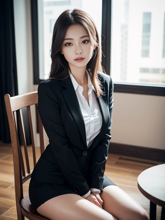 A young woman in a black business suit and tight short skirt, sitting neatly on a chair, photorealistic, highly detailed, 4k, best quality, ultra-detailed, realistic, vivid colors, front photography, studio lighting, sharp focus, physically-based rendering, elegant, confident, serene expression