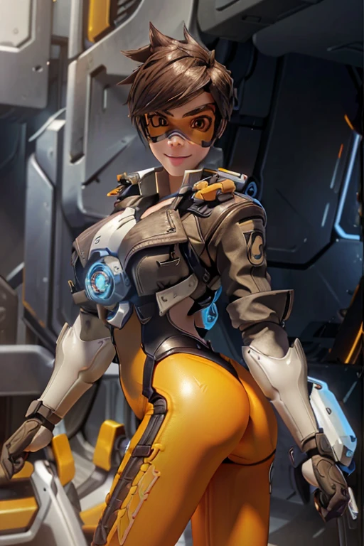 TracerOver, 1girl, view behind,tracer (overwatch), solo, orange goggles, brown hair, goggles, short hair, spiked hair, brown eyes, upper body, harness, jacket, bomber jacket, smile, looking at viewer, bodysuit, chest harness, bangs, large ass,beautiful ass,parted lips, teeth, leather, lips, brown jacket, leather jacket, piercing,look behind,cokcy smile