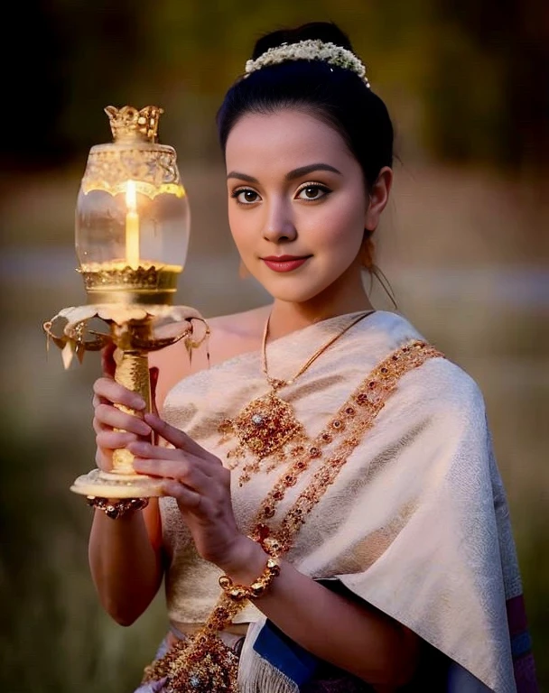 Aarav woman in a golden dress stands in front of a building., Sukhothai dress, Dilraba Dilmurat, traditional beauty, Wear elegant clothes, traditional this tradition, Wear luxurious clothes, this tradition, Traditional clothing, Thai girl anime, traditional outfit, According to Thawan Duchanee&#39;s style, Wear a luxurious silk dress, Thai art, Traditional clothing สาวเอเชียที่สวยงาม,stereoscopic 8k,45 high quality colored lights,000,000,000 pixels, photo, post-trade photo, animation, Beautiful, realistic portraits.