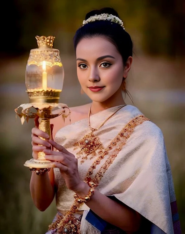 Aarav woman in a golden dress stands in front of a building., Sukhothai dress, Dilraba Dilmurat, traditional beauty, Wear elegant clothes, traditional this tradition, Wear luxurious clothes, this tradition, Traditional clothing, Thai girl anime, traditional outfit, According to Thawan Duchanee&#39;s style, Wear a luxurious silk dress, Thai art, Traditional clothing สาวเอเชียที่สวยงาม,stereoscopic 8k,45 high quality colored lights,000,000,000 pixels, photo, post-trade photo, animation, Beautiful, realistic portraits.