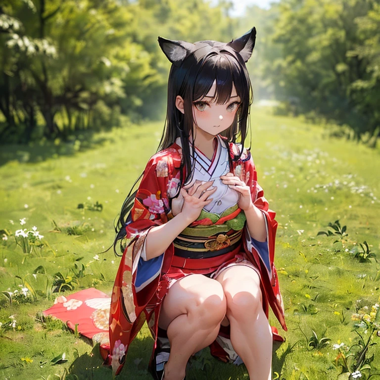 (Fox Girl, Fox Ears, Black colored hair, Fox Makeup, One Girl, Long Hair:1.6), (kimono, Kimono with open chest, A beautiful kimono with red and black patterns, I can see her cleavage, Open chest, Exposed skin:1.8), (Body measurements are 75-60-75!, Young girl body, Small breasts, Small breasts, Emphasize the chest, Knees are slightly visible, Muscular, Abdominal muscles, Hide your own chest with your hands:1.9), Avatar, face, lewd face, Dominant representation, naughty face, Uplifting, Skin Texture, outside, Grassy field