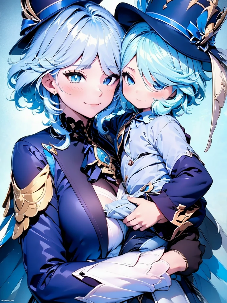 Furina from Genshin impact, 1woman, as a mother, holding a little baby boy, light blue colour hair, 8k, high detailed, high quality