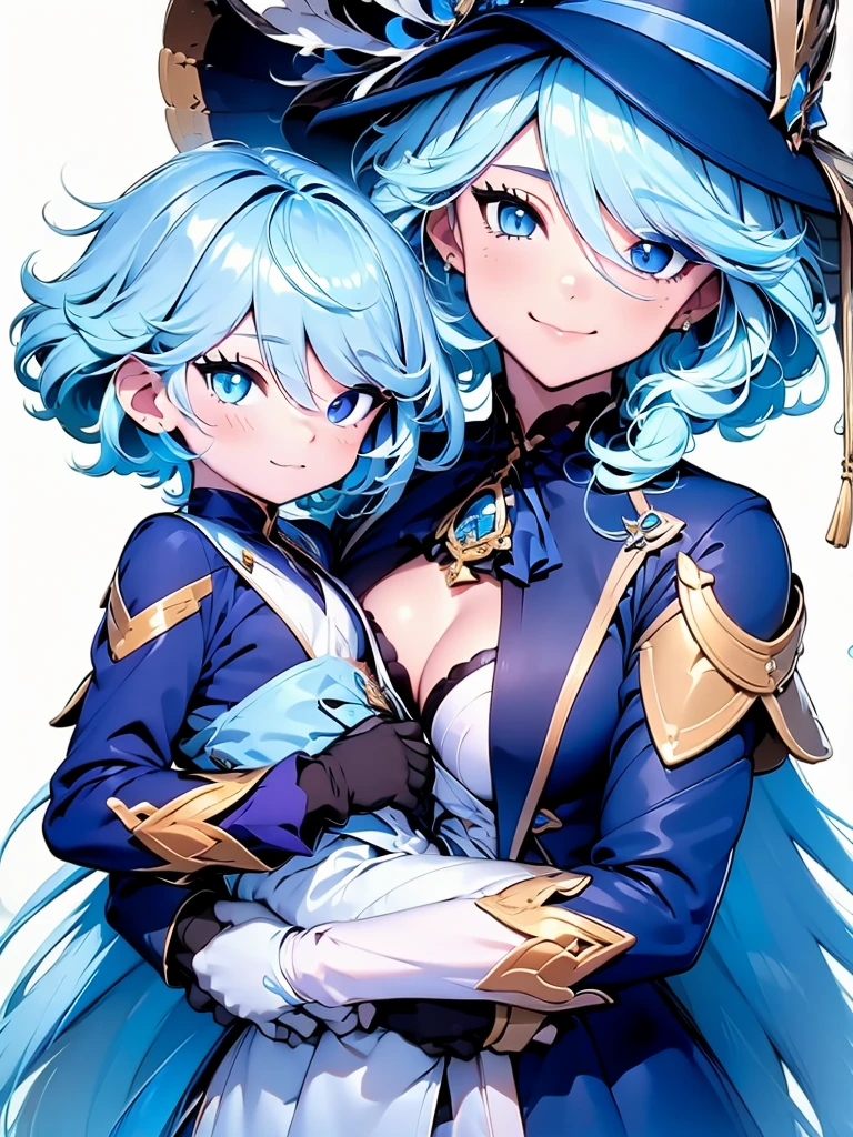 Furina from Genshin impact, 1woman, as a mother, holding a , light blue colour hair, 8k, high detailed, high quality