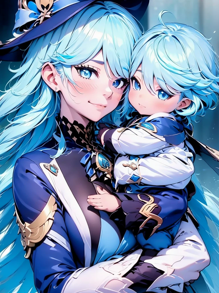 Furina from Genshin impact, 1woman, as a mother, holding a , light blue colour hair, 8k, high detailed, high quality