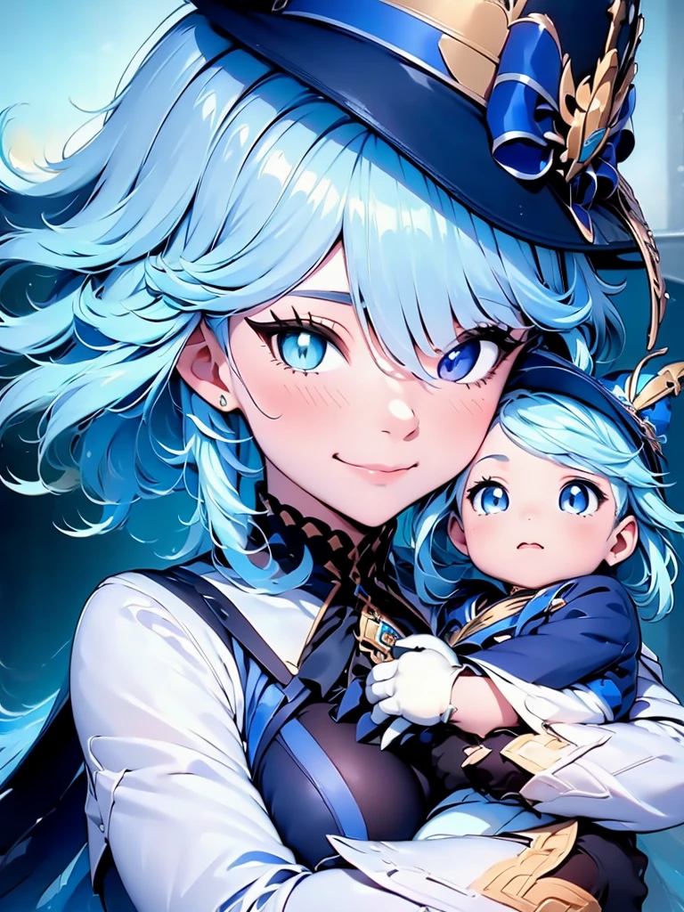 Furina from Genshin impact, 1woman, as a mother, holding a , light blue colour hair, 8k, high detailed, high quality