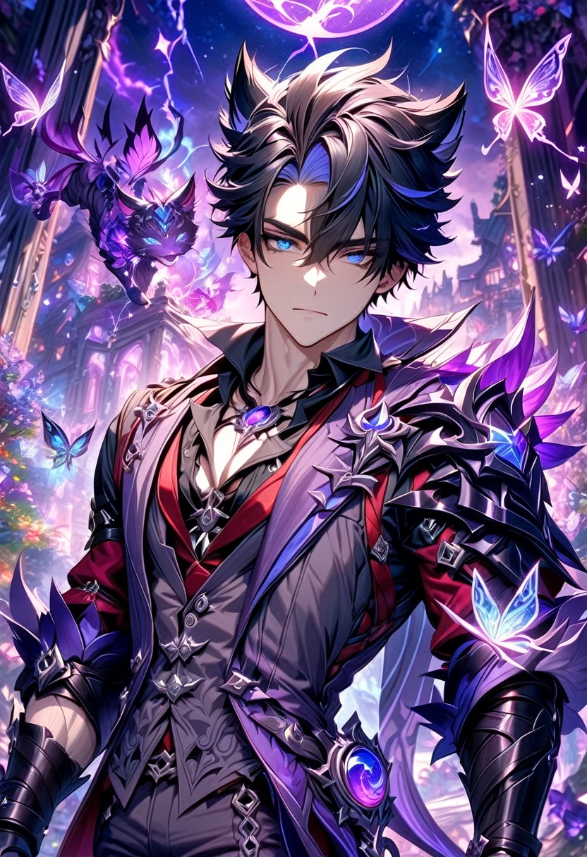 absurdres, highres, ultra detailed, HDR, master piece, best quality, Wriothesley, black hair, expressive gray blue eyes, Genshin Impact, solo, sexy man, handsome, gray vest, black shirt, red necktie, fantasy, magical, sparkling, shining, purple lightning, floating round lights, starry sky, void, purple butterflies, purple moon