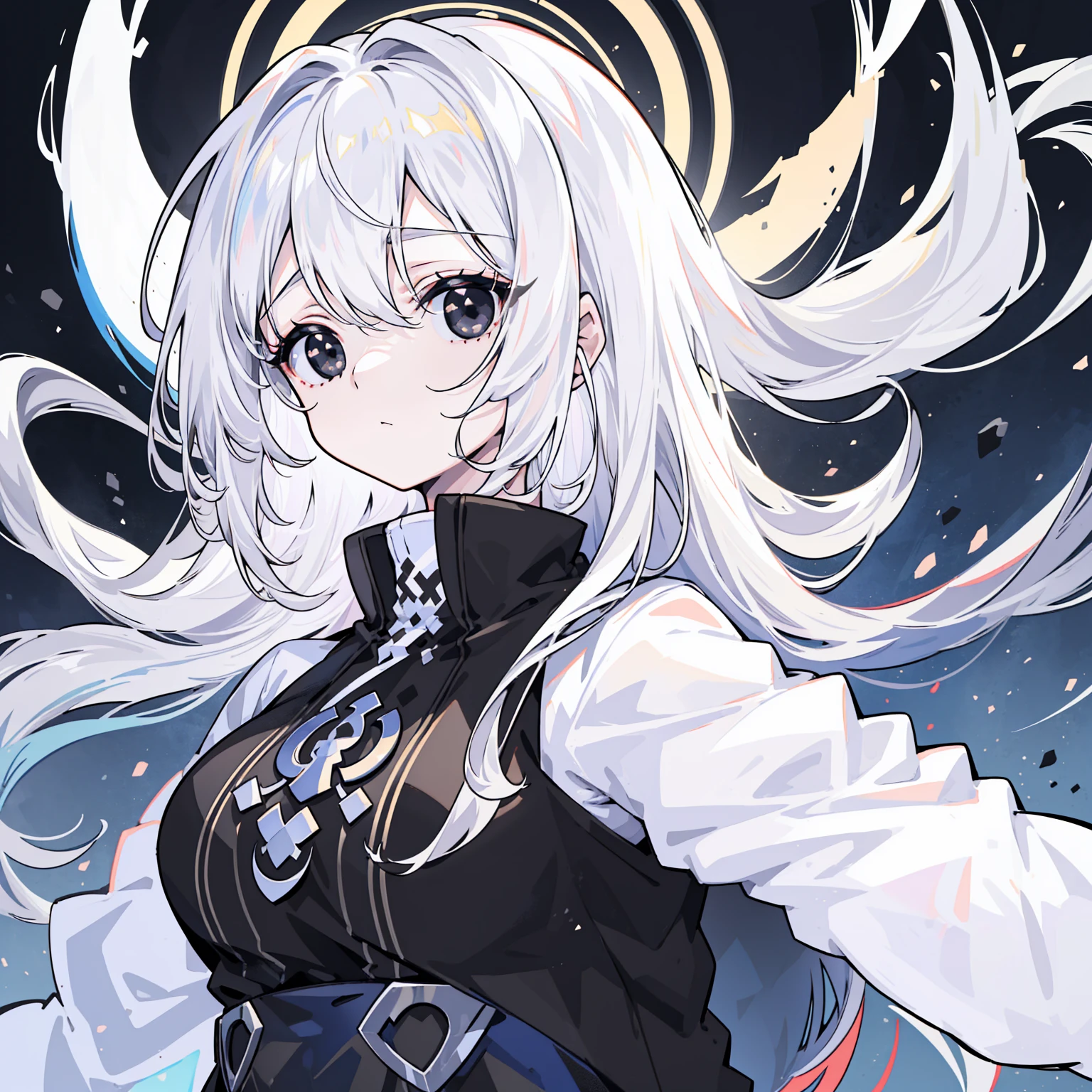 (Top image quality)、(Ultra Detailed)、(Facing forward)、top quality、masterpiece、(((1 girl)))、Silver Hair、white hair、((Long hair))、(black eyes:1.6)