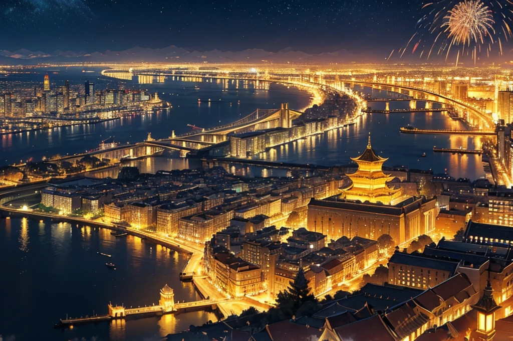 golden city, night, downtown, chinese big castle, HDR, 4k resolution, landscape, golden moon, golden cloud, firework, big river