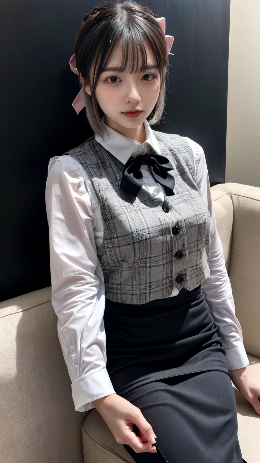 (8K, RAW Photos, Highest quality, masterpiece:1.2), (professional photography, full colors, studio-caliber color grading), (Gravure quality for high-end fashion magazines),  BREAK,18 year old girl, short bob hair, crying a little, Harajuku style, Big Natural Color Lip, (Plumpy body:1.2), (smooth skin:1.1), (huge breasts:1.0),  BREAK (white and gray theme:1.3), (wearing a [[white and gray plaid pattern]] vest over a long sleeve white collared-shirt:1.4), (buttoned gray vest:1.2),
BREAK (pink theme:1.2), (pink ribbon bow:1.3),
BREAK (black theme:1.4), (tight black pencil skirt:1.5), (pantyhose:1.3 (high heels:1.1