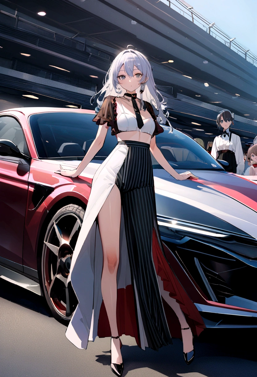 Sports car of chrono-splicing surrealism, model during'a fashion show that takes place from'other side of the'highway, Looking at the camera, --with 16:9 a.m. -- to 5 p.m.2