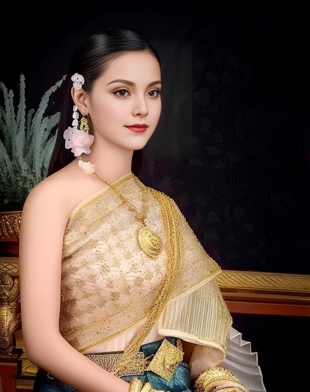 Aarav woman in a golden dress stands in front of a building., Sukhothai dress, Dilraba Dilmurat, traditional beauty, Wear elegant clothes, traditional this tradition, Wear luxurious clothes, this tradition, Traditional clothing, Thai girl anime, traditional outfit, According to Thawan Duchanee's style, Wear a luxurious silk dress, Thai art, Traditional clothing สาวเอเชียที่สวยงาม,stereoscopic 8k,45 high quality colored lights,000,000,000 pixels, photo, post-trade photo, animation, Beautiful, realistic portraits.