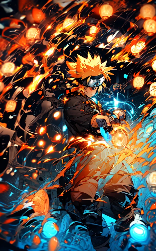 neon street lights, bright neon lights,Uzumaki Naruto from naruto manga wearing tangerine hanbok,intervene, Mechanical armor, mechanical arms,blue eyes, yellow hair 