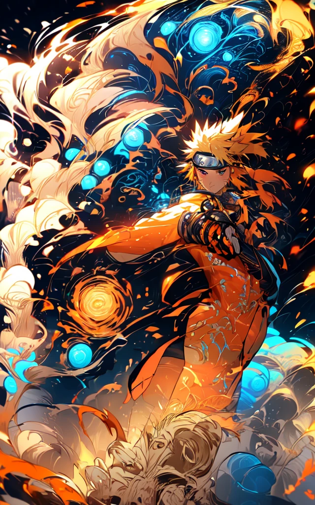 neon street lights, bright neon lights,Uzumaki Naruto from naruto manga wearing tangerine hanbok,intervene, Mechanical armor, mechanical arms,blue eyes, yellow hair 