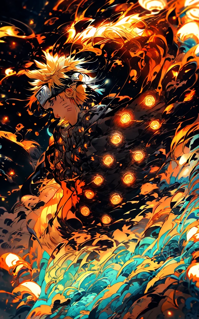 neon street lights, bright neon lights,Uzumaki Naruto from naruto manga wearing tangerine hanbok,intervene, Mechanical armor, mechanical arms,blue eyes, yellow hair 