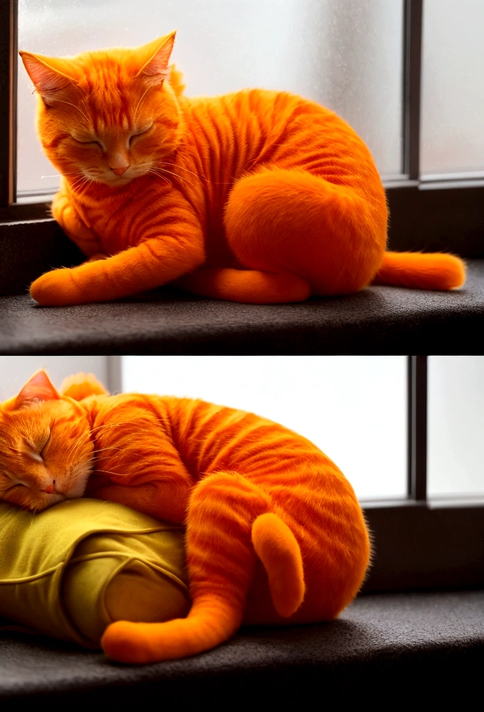 A orange cat wearing a sweatshirt is sleeping while listening to music on a rainy day