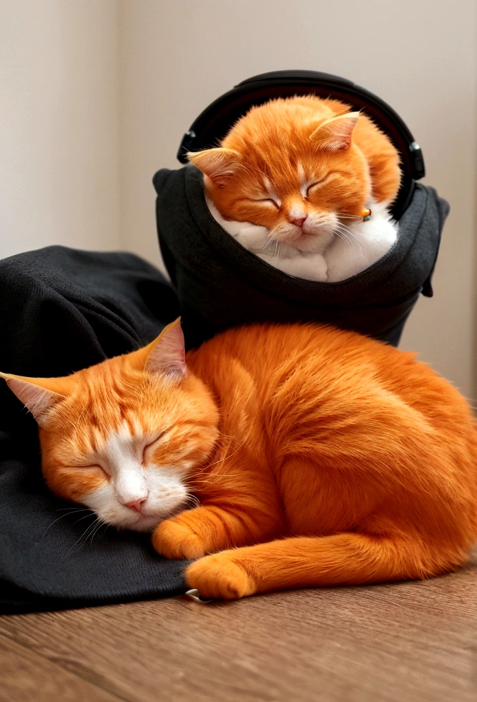 A orange cat wearing a sweatshirt is sleeping while listening to music on a rainy day