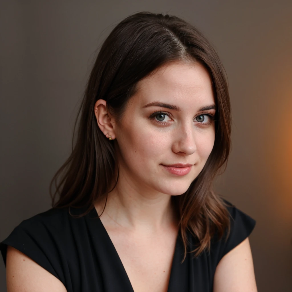 beautiful british 28 years old women, dark brown hairs, wearning black dress, large breast, brown eyes, light background, facebook profile photo,