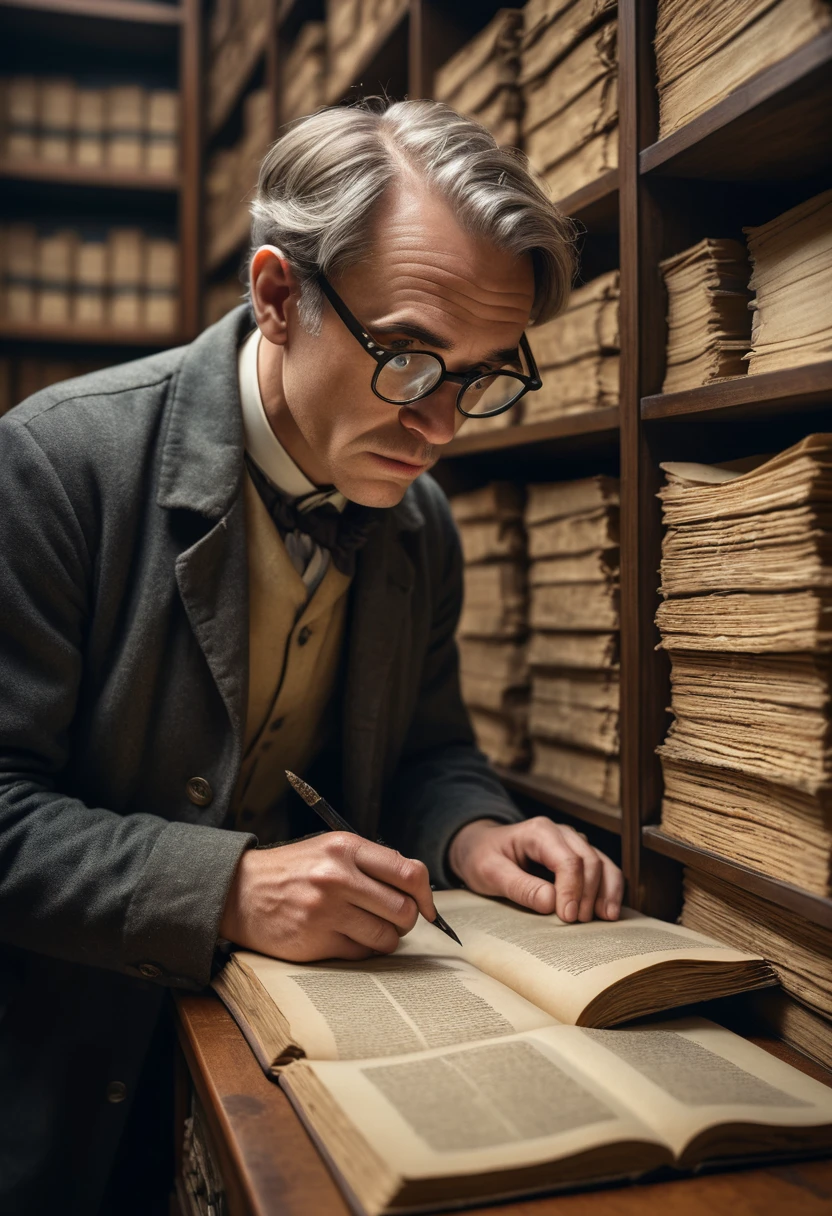 (Wearing Glasses, close up face), historians carefully browse through ancient books in archives filled with folders and old paper, wearing reading glasses. Their eyes seem to travel through time and space, exploring the secrets of history. The background is filled with historical cabinets and old paper, full body, (Photography), panoramic view, award-winning, cinematic still, emotional, vignette, dynamic, vivid, (masterpiece, best quality, Professional, perfect composition, very aesthetic, absurdres, ultra-detailed, intricate details:1.3)