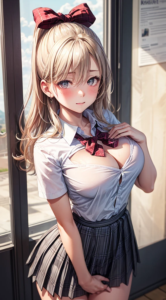 (Masterpiece: 1.2, high quality), (realist, fotorrealist: 1.4), beautiful illustration, 
 looking at the viewer, whole body, front view: 0.6, 
 1 girl, japanese, high school girl, (wide: 1.5), blond hair, (half up, half up), fringe, hair between the eyes, big breasts: 0.8, 
 Beautiful hair, beautiful face, Beautiful detailed eyes, beautiful clavicle, beautiful body, Beautiful chest, Beautiful thighs, beautiful legs, beautiful fingers, 
 (beautiful landscape), , school,
 ((short sleeve collared shirt, White shirt, , Gray Plaid Pleated Skirt, red checkered bow tie)), white panties, 
 (standing, lift your skirt, grab the hem of the skirt, hands on chest, the hand between the legs), 
 blush, ,