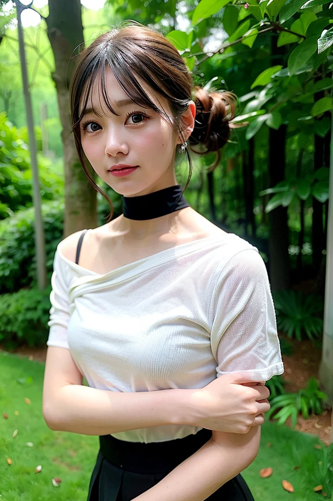 "(Photorealistic photography like:1.4)、top-quality、超A high resolution、Beautuful Women、Off-shoulder white shirt、Black tight skirt、a black choker、Faded gray hair、Posing、Soft light、beatiful backgrounds、elegance、a sense of mystery、+florals、[evening、Fantastic forest、The sound of the wind、leaves falling、grass field、Floating feeling]"