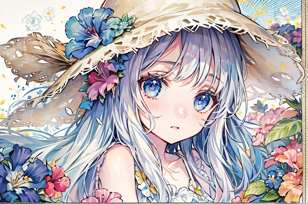 girl, looking far away, hibiscus,sundress,straw hat,Blue eyes, big eyes,droopy eyes, With blue flower hair ornament  ,Slender body,  White long hair,watercolor