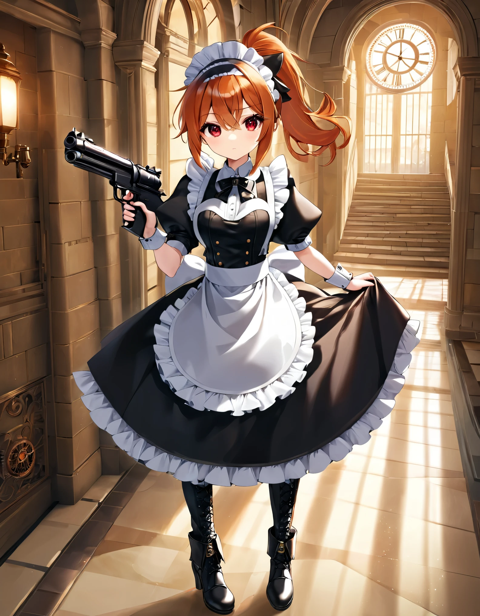 (best quality,4k,8k,highres,masterpiece:1.2),ultra-detailed, (1girl) A cute teenage gunslinger maid with red eyes, drawn in anime style, spiky ginger hair in a long ponytail, victorian fashion, wearing a cute black maid dress with puffy sleeves, corset, tactical gear, light armour, petticoat, bloomers, a frilly headband, a frilly white apron, high-heel boots, ribbons, wielding a gun, beretta 92F, steampunk style, guarding a castle hallway, extremely detailed eyes and face,longeyelashes,volumetric lighting,cinematic lighting,protective posture,dramatic close up,highly detailed texture,intricate details.