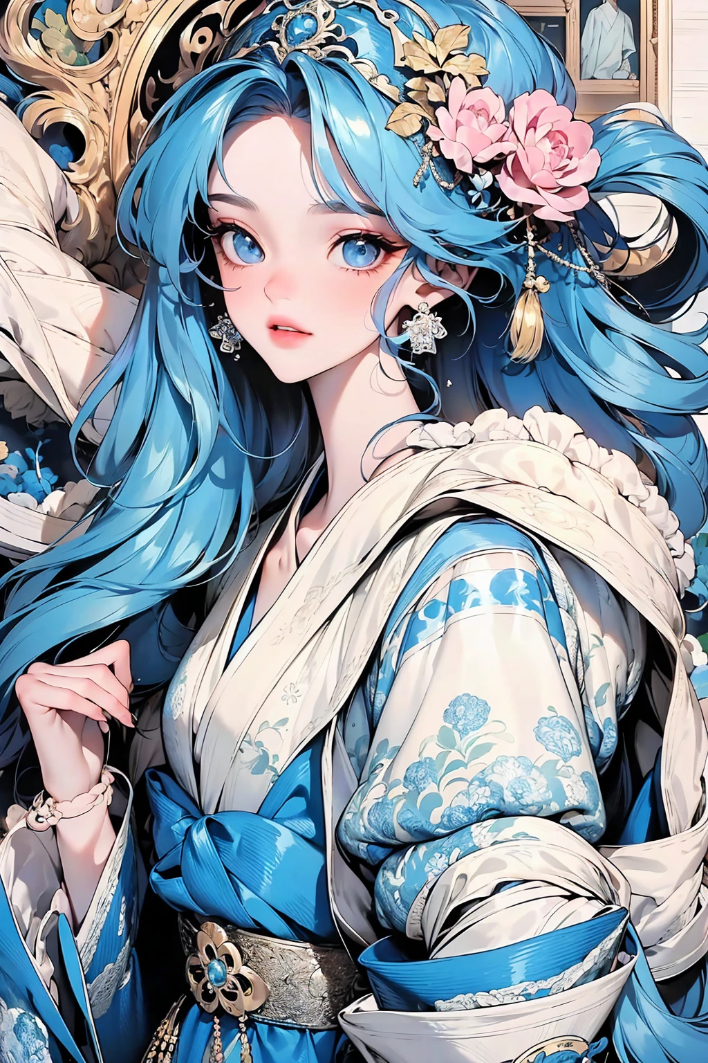 1girll ，Solo，blue color eyes，Floating hair，Fair skin，adolable，Delicate and agile eyes，Intricate peacock-themed damask hanfu，Gorgeous accessories，fov，f/1.8，tmasterpiece，Ancient Chinese architecture，blue-sky，Petals flying，Frontal portrait shot，Side lighting，The sun shines on people，8K mouth veil,highest details， extremelydetailedeyesandface，