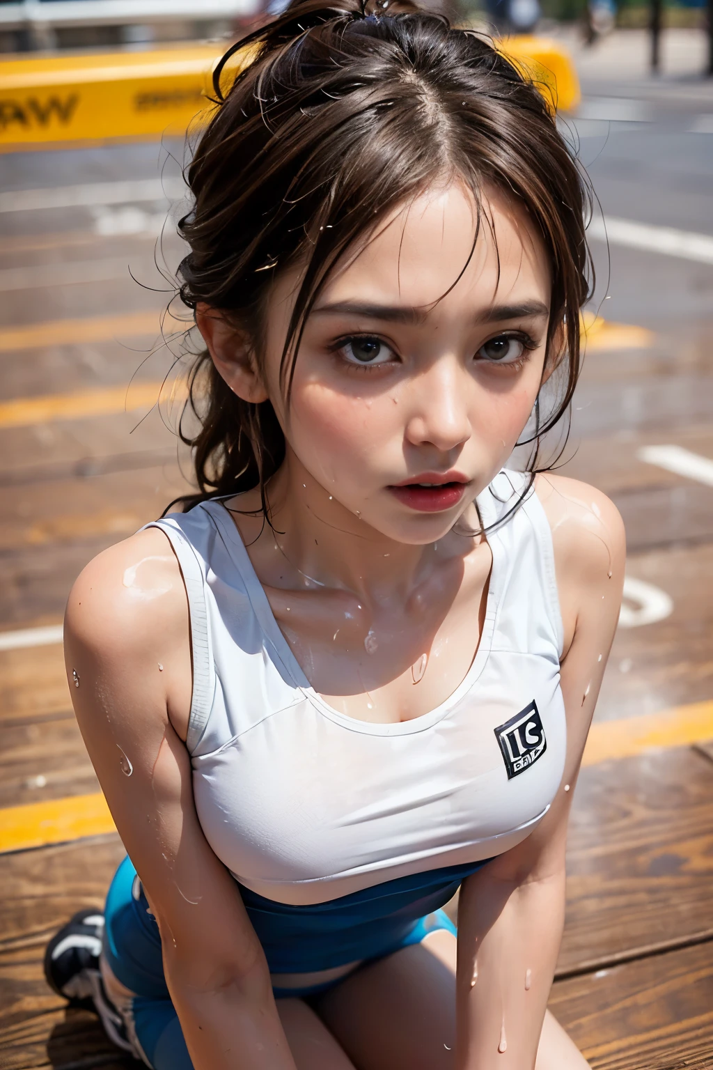 A skinny girl who finished running、One Girl、solo、(Blushing、Beautiful Abs、、Small Nose、boyish、Dissatisfied look、Plump Cheeks、Pointed Mouth、Exquisite beautiful face、Beautiful Eyes、Glossy lips、Wet Sportswear、running shoes、Sweaty skin、(Tanned brown skin:1.2)、Skin Dentition、(Big Breasts、Upturned chest:1.3)、Natural Makeup、playground、Course Line、Other Female Athletes Background、(sweating:1.5)、Crouch down and look up、Top view、Perfectly proportioned ULL body shot))、