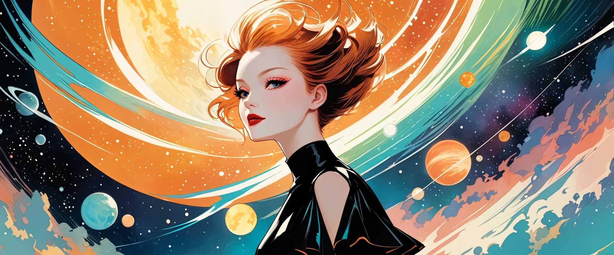 in style of Lillian Bassman,(in style of by Liu Ye:0.5),in style of Raymond Pettibon, character concept design,half body,Fantasy art,galaxies,