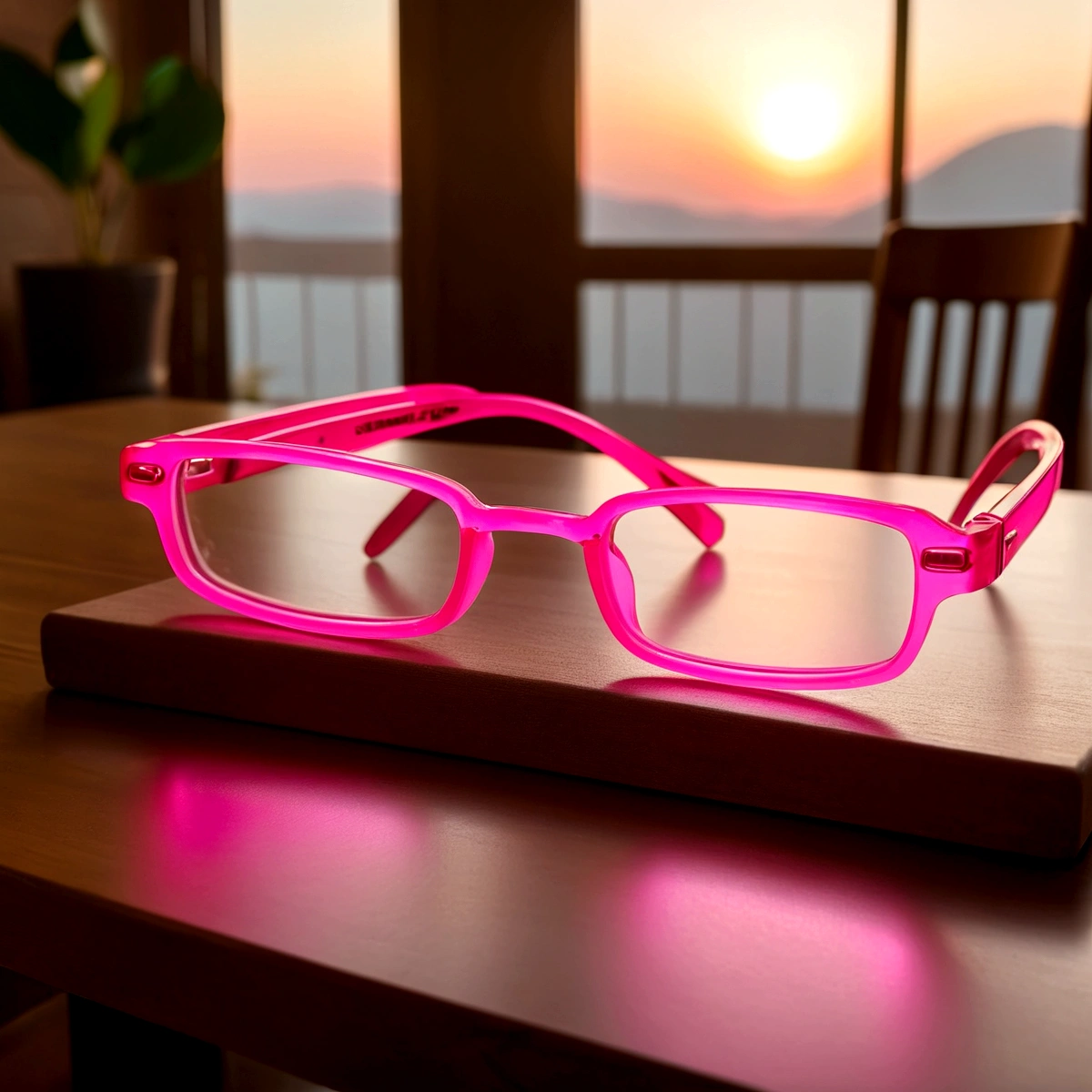 Two neon pink rectangular glasses on a table