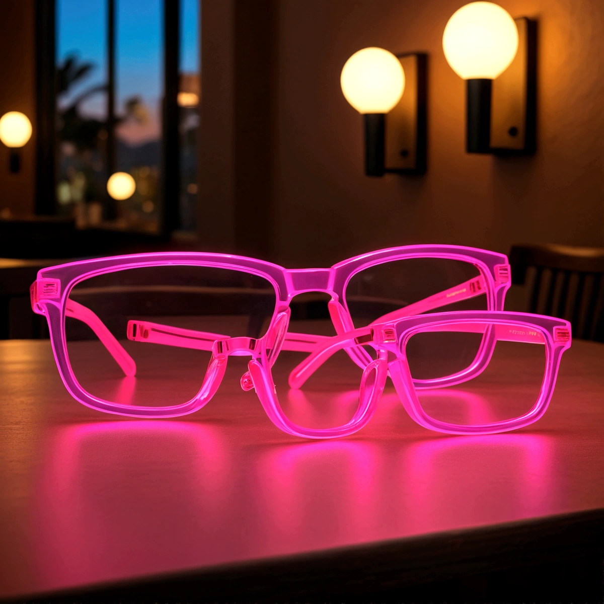 Two neon pink rectangular glasses on a table
