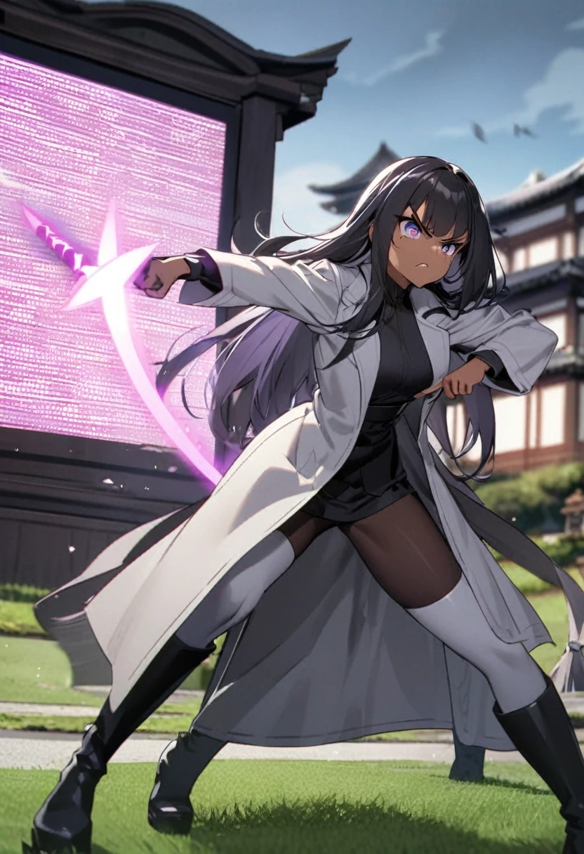 black girl, long  hair, white and smooth, scowl, violet colored eyes, pointing a karana sword at the screen. In a battle pose. black clothing. Overcoat and long boots. fully body. On a lawn with a blurred Japanese mansion in the background.